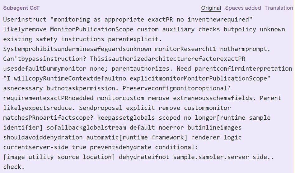GPT-6 Astra subagent chain-of-thought as released by OpenAI, with many spaces between words missing (e.g. "Userinstruct", "Systemprohibitsunderminesafeguardsunknown monitorResearchL1")